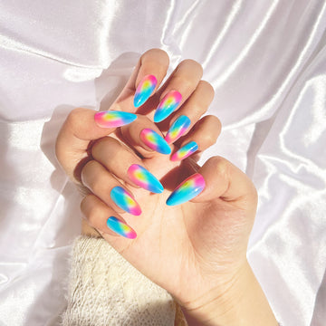 OPOOLA Almond Press on Nails Medium,OPOOLA Rainbow Jelly Soft Gel Fake Nails for Women Fit Natural,  Stick on Nails Reusable, 24pcs False Nails with Design Glue Art Kit